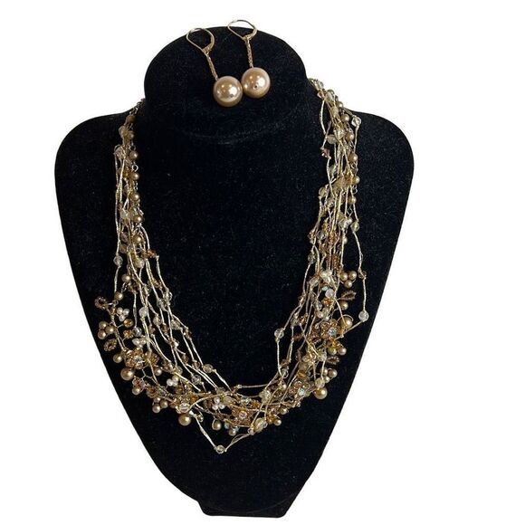 Necklace and Earring Set Rhinestones Gold Faux Pearls - Picture 2 of 2